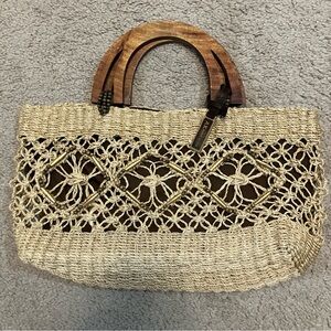 Anne Klein Natural Woven Tote with Wooden Handles